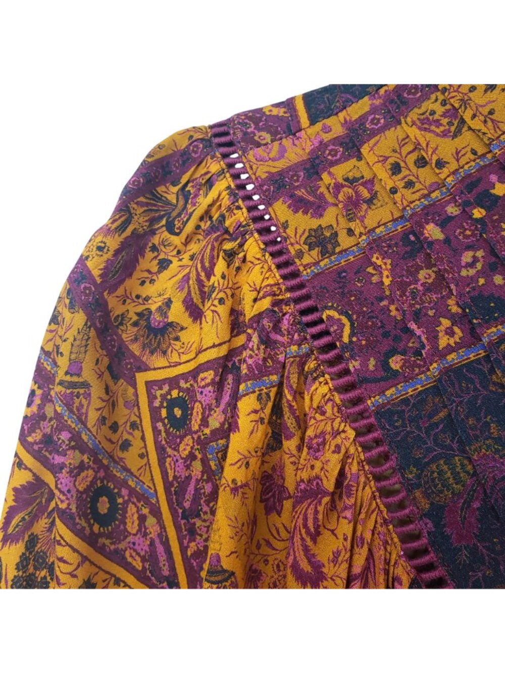 Oliveaceous Yellow Purple Long Sleeve Top Floral Paisley Cottage Core Boho Fall - Picture 4 of 11